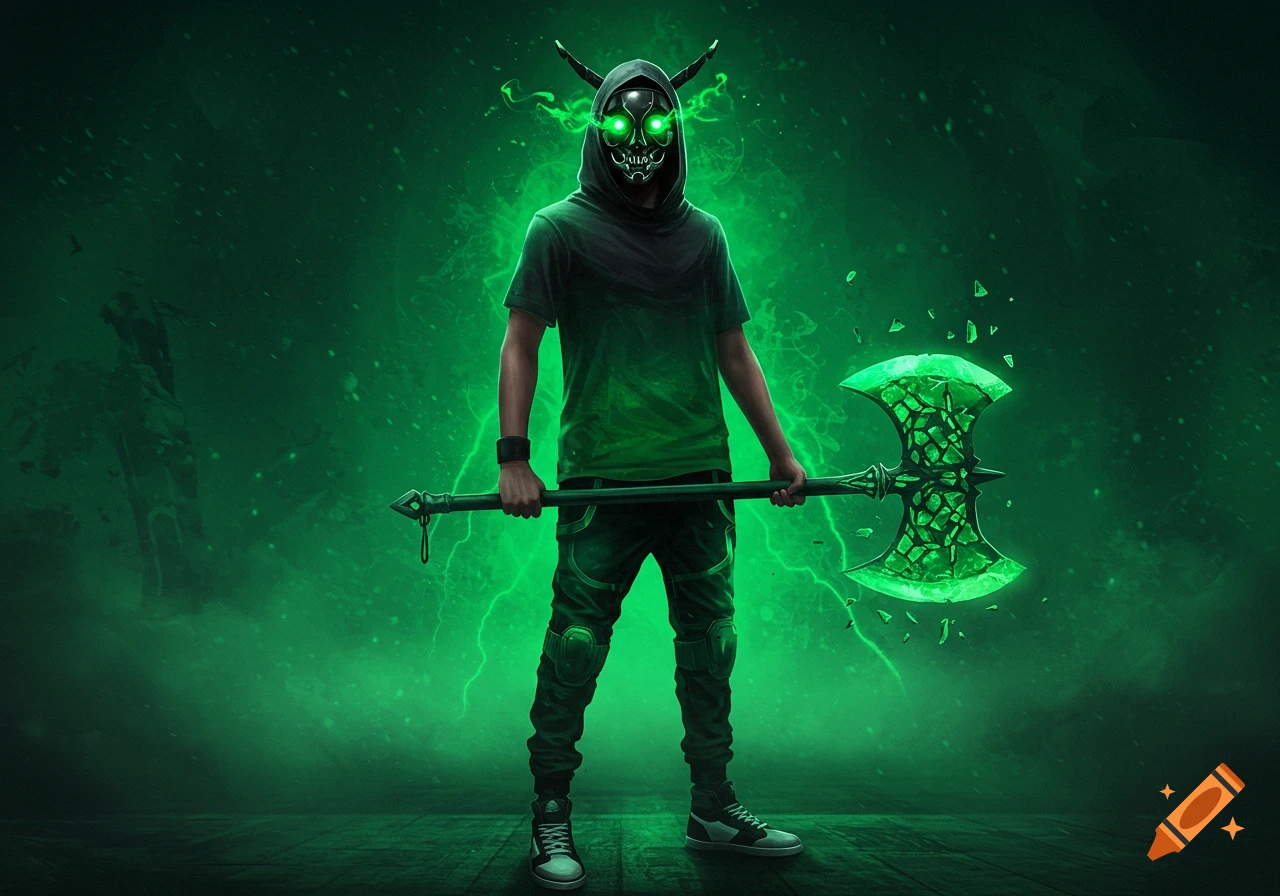 A masked figure with glowing green eyes and horns, wearing a green hooded shirt and pants, holding a glowing emerald battle axe, surrounded by green energy.
