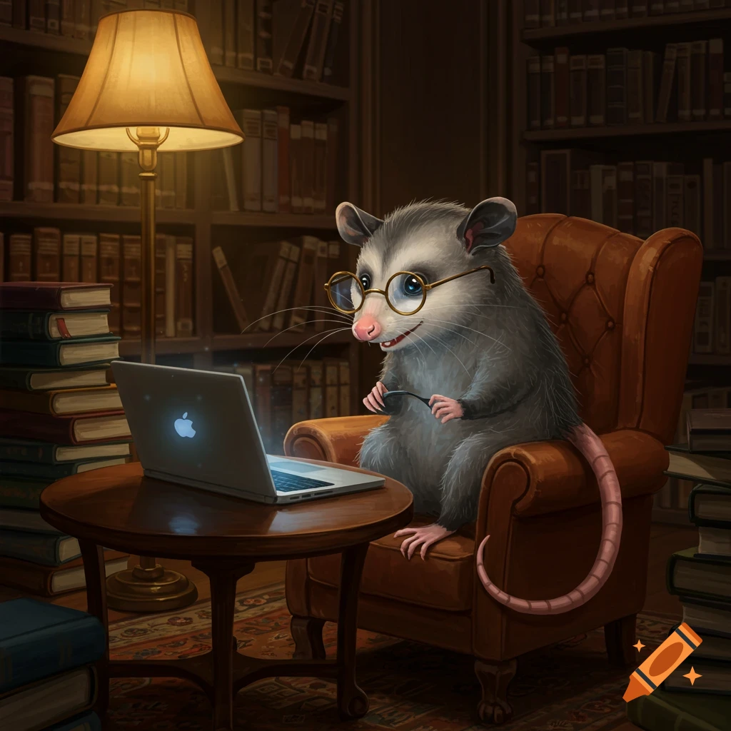 An anthropomorphic possum with glasses sits in a leather armchair, looking at a laptop in a cozy, dimly lit library.