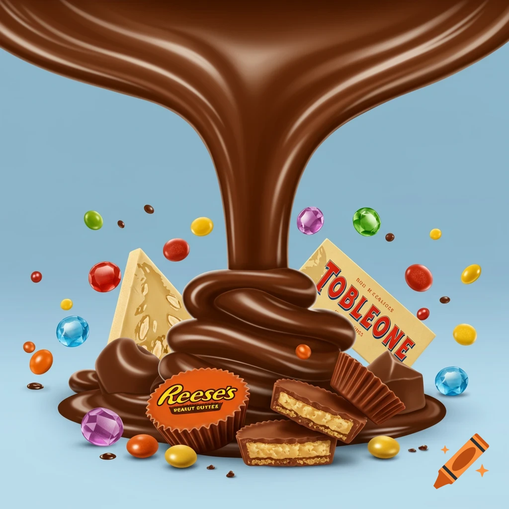 Photorealistic image of molten chocolate flowing over a pile of Reese's peanut butter cups, Toblerone pieces, and colorful candies on a light blue background.