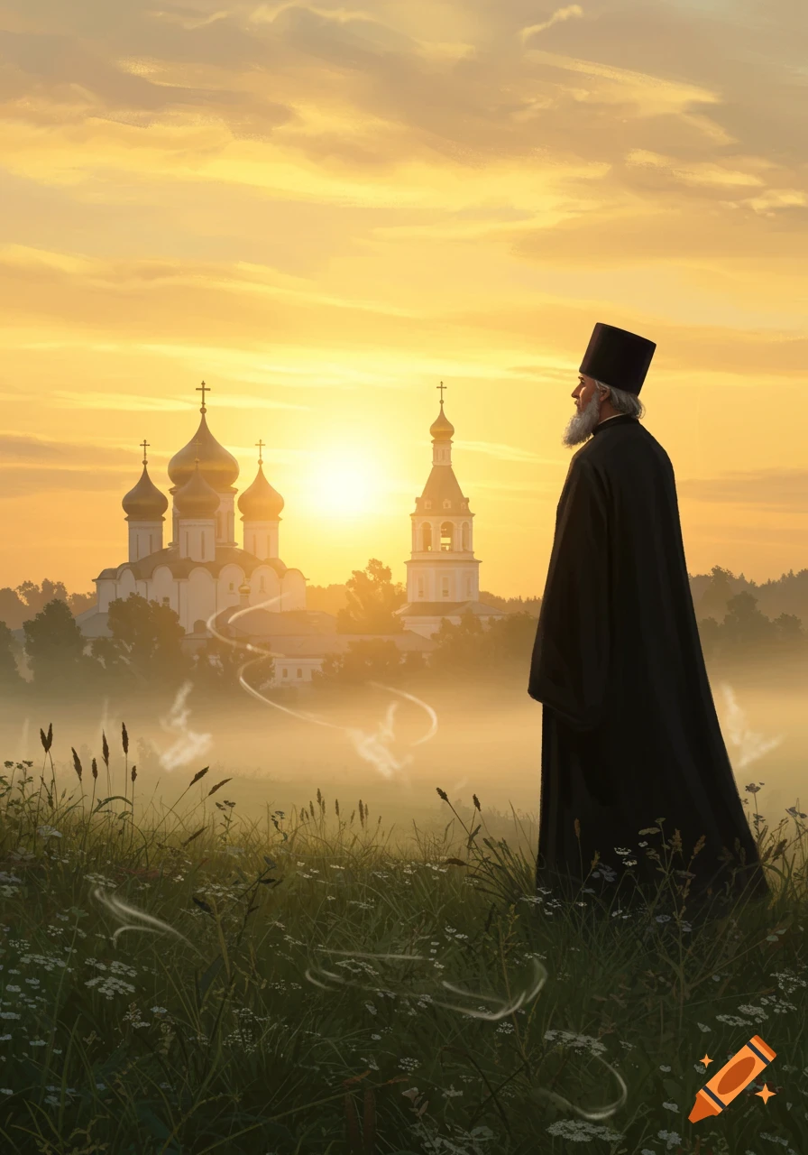 Digital painting of a Russian Orthodox priest in a field, gazing at a church at sunrise over a misty landscape.