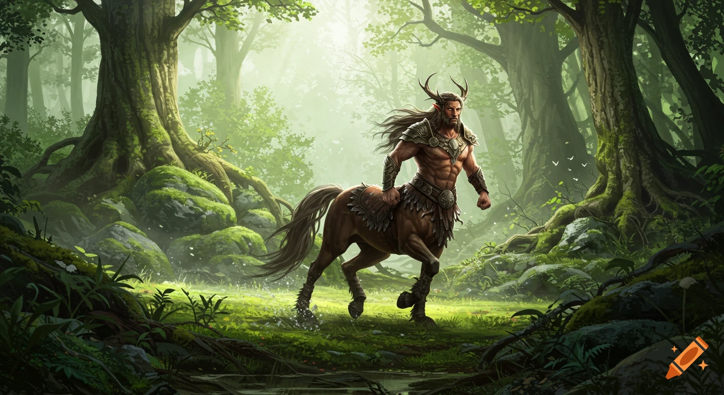 A muscular centaur with long hair and antlers, wearing tribal armor, gallops through a lush, misty forest at dawn with sunlight. Realistic style.