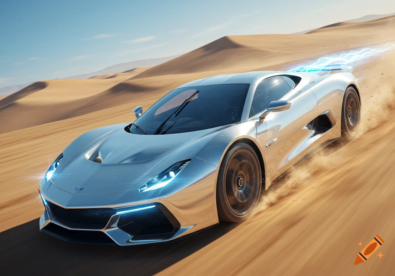 A sleek, silver sports car speeds through a vast, sandy desert, kicking up dust with blue energy trails from its rear.