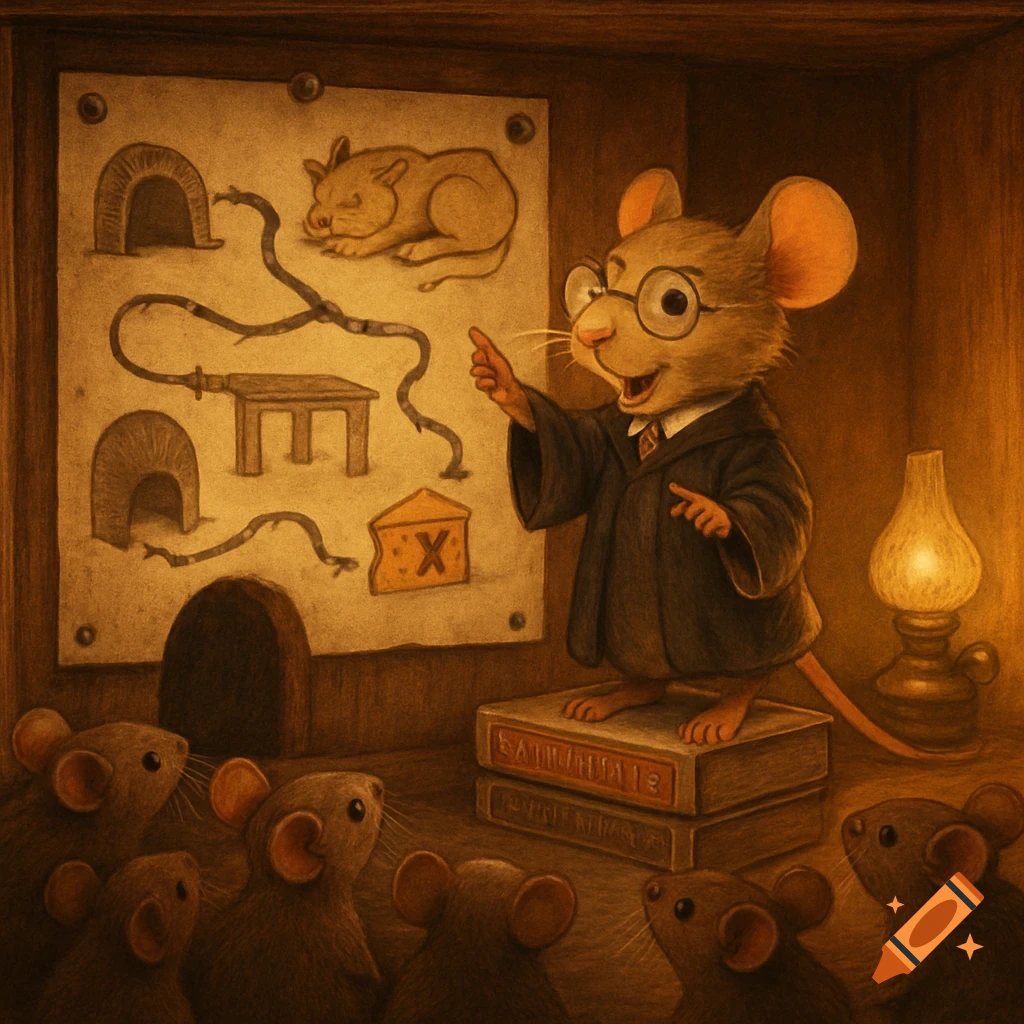An anthropomorphic mouse professor lectures to other mice, pointing at a map on a board showing a path from a mouse hole to cheese, in a warm, illustrative style.