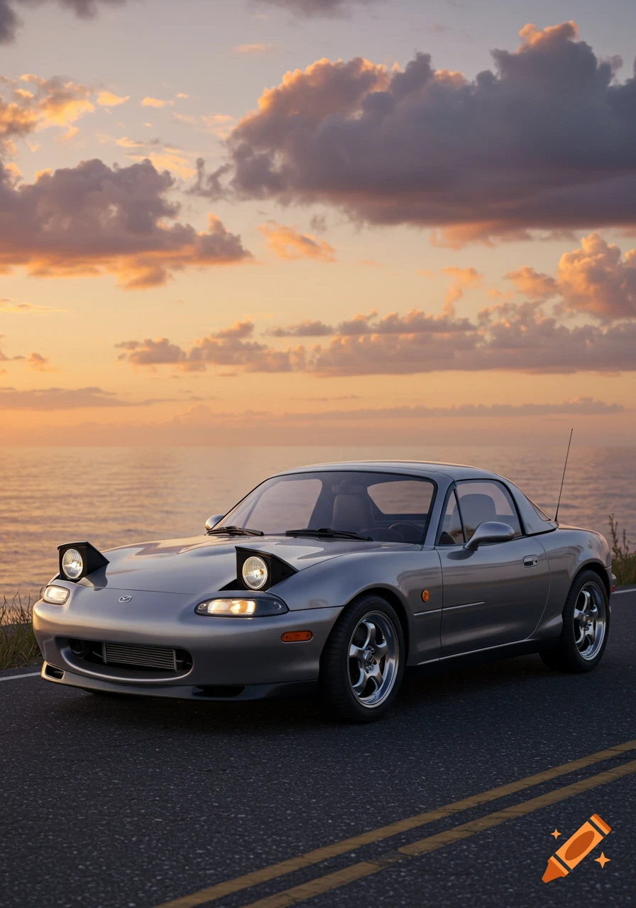 A silver Mazda Miata with its pop-up headlights up, parked on a road next to the ocean at sunset.