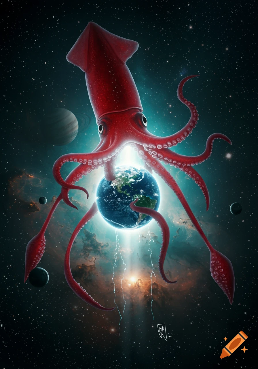 A giant red squid holds a glowing Earth in a vast, star-filled cosmic nebula with other planets.