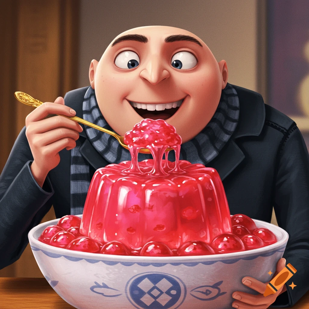 Gru happily eats a large, wobbly red gelatin from a bowl with a golden spoon, looking delighted.