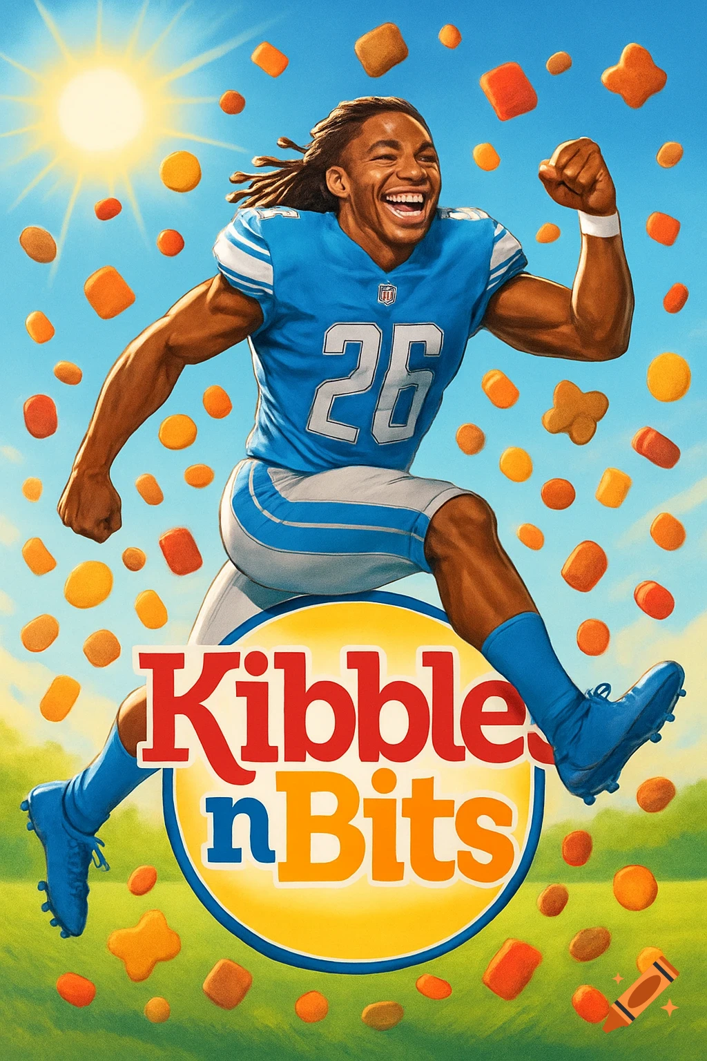 An illustrated football player in a light blue jersey, number 26, smiles and jumps amidst floating cereal pieces, above a 'Kibbles n Bits' logo.