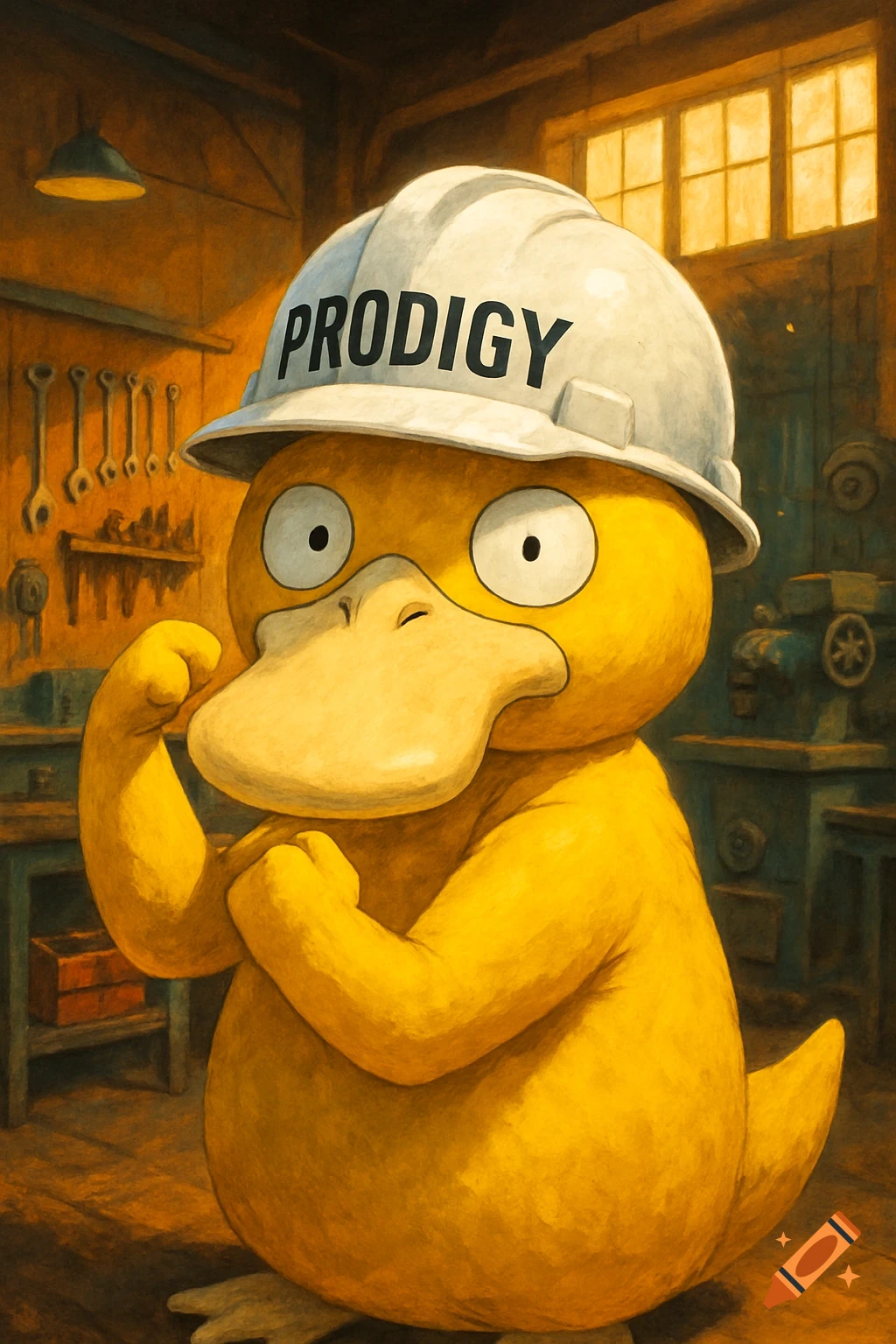 A yellow Psyduck Pokémon wearing a white hardhat with "PRODIGY" written on it, flexing its arms in a workshop setting.