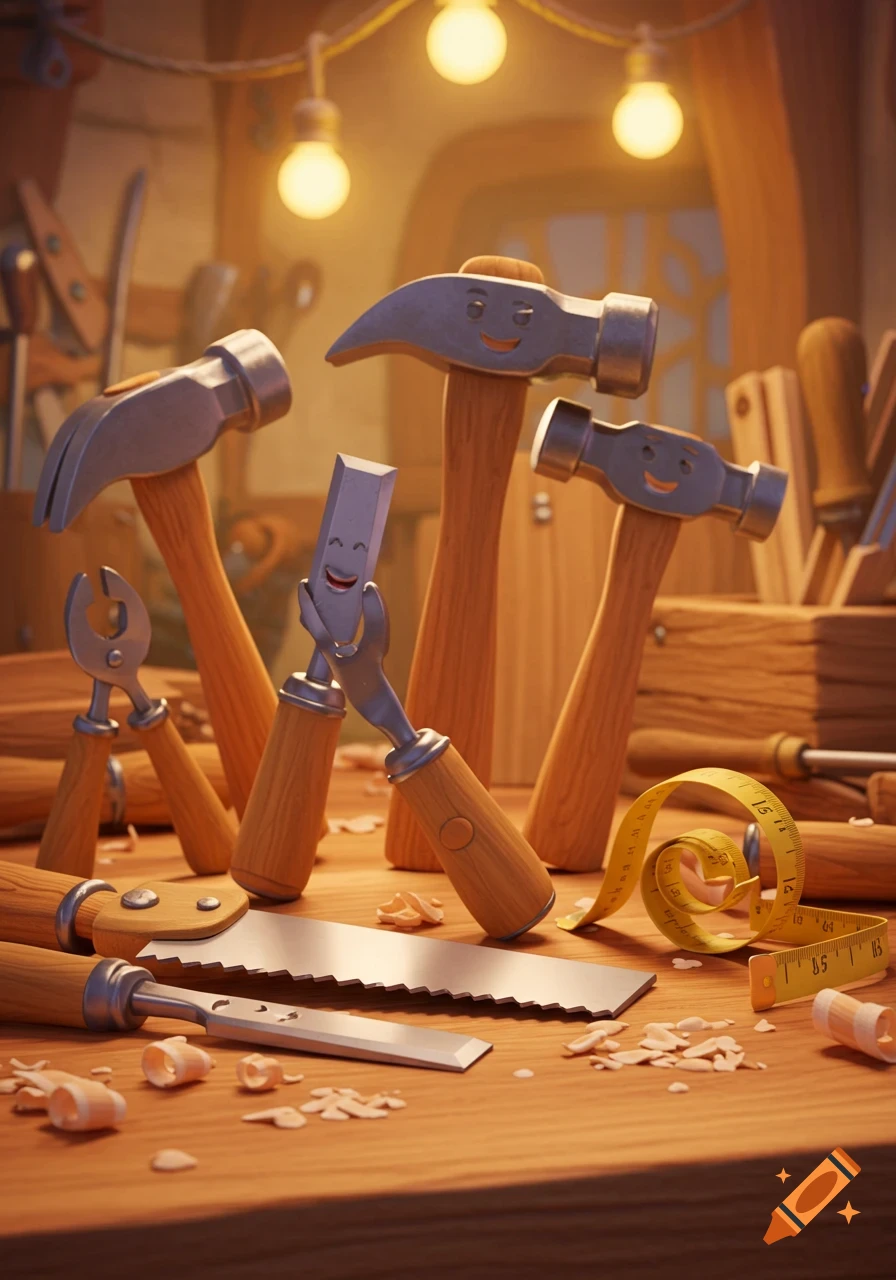 Smiling anthropomorphic carpenter tools on a wooden workbench, including hammers, chisels, a saw, and a measuring tape, in a warm 3D animated style.