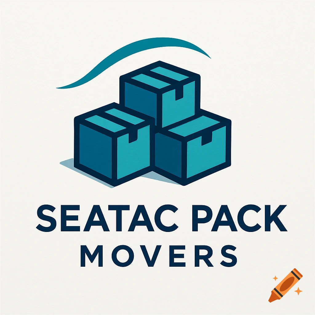 A teal and blue logo for SeaTac Pack Movers, featuring three stacked moving boxes and a curved line above them.