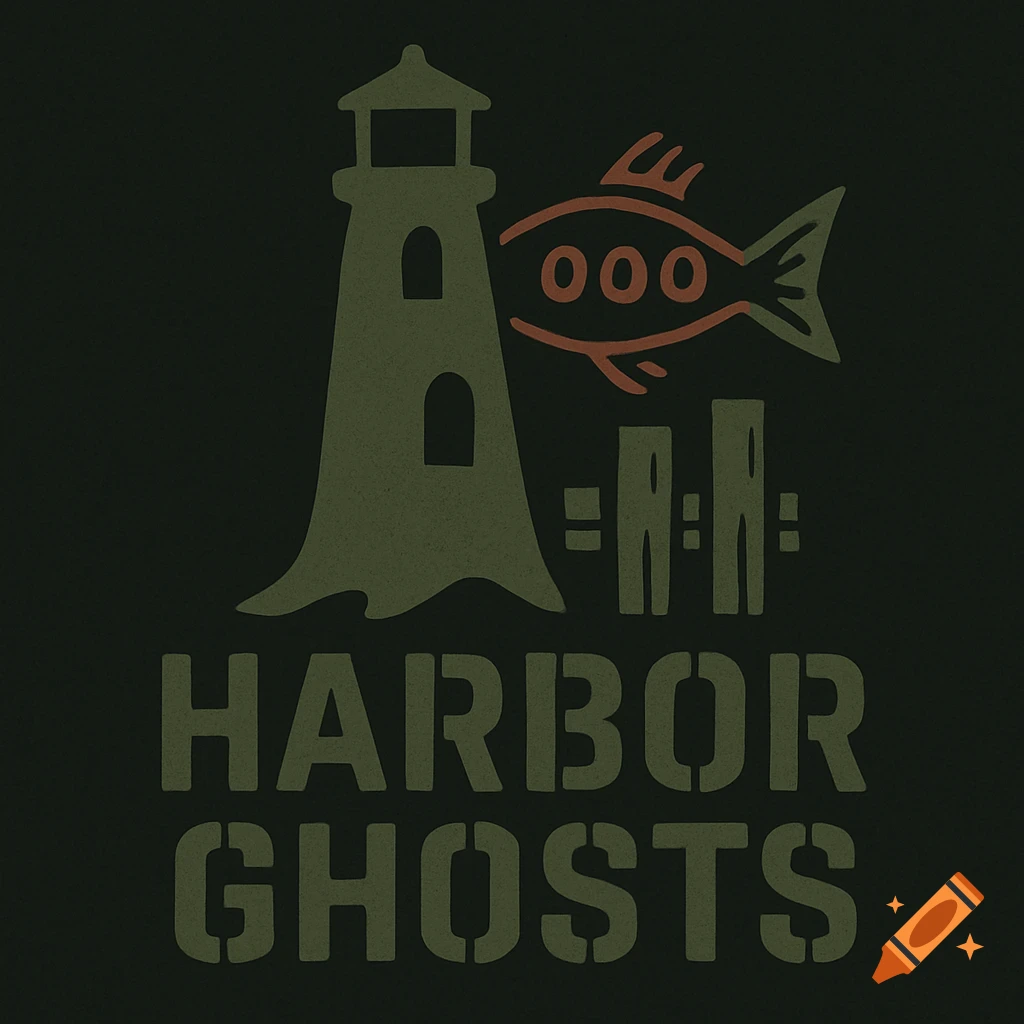 A minimalist, grungy logo featuring an olive green lighthouse, abstract orange three-eyed fish, and dock pilings above the bold stencil text 'HARBOR GHOSTS' on a dark background.