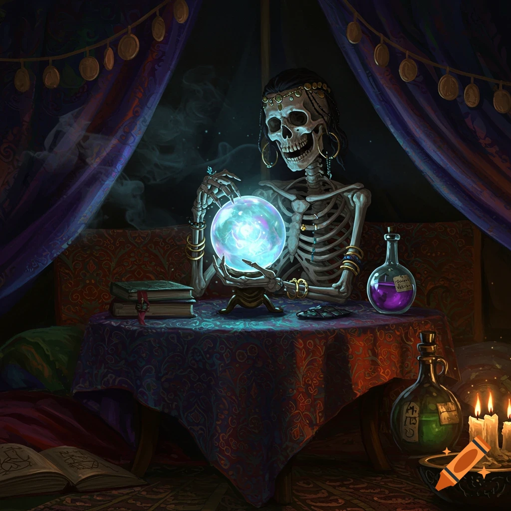 A skeleton with jewelry sits in a dark, draped tent, gazing into a glowing crystal ball, surrounded by potion bottles and books.