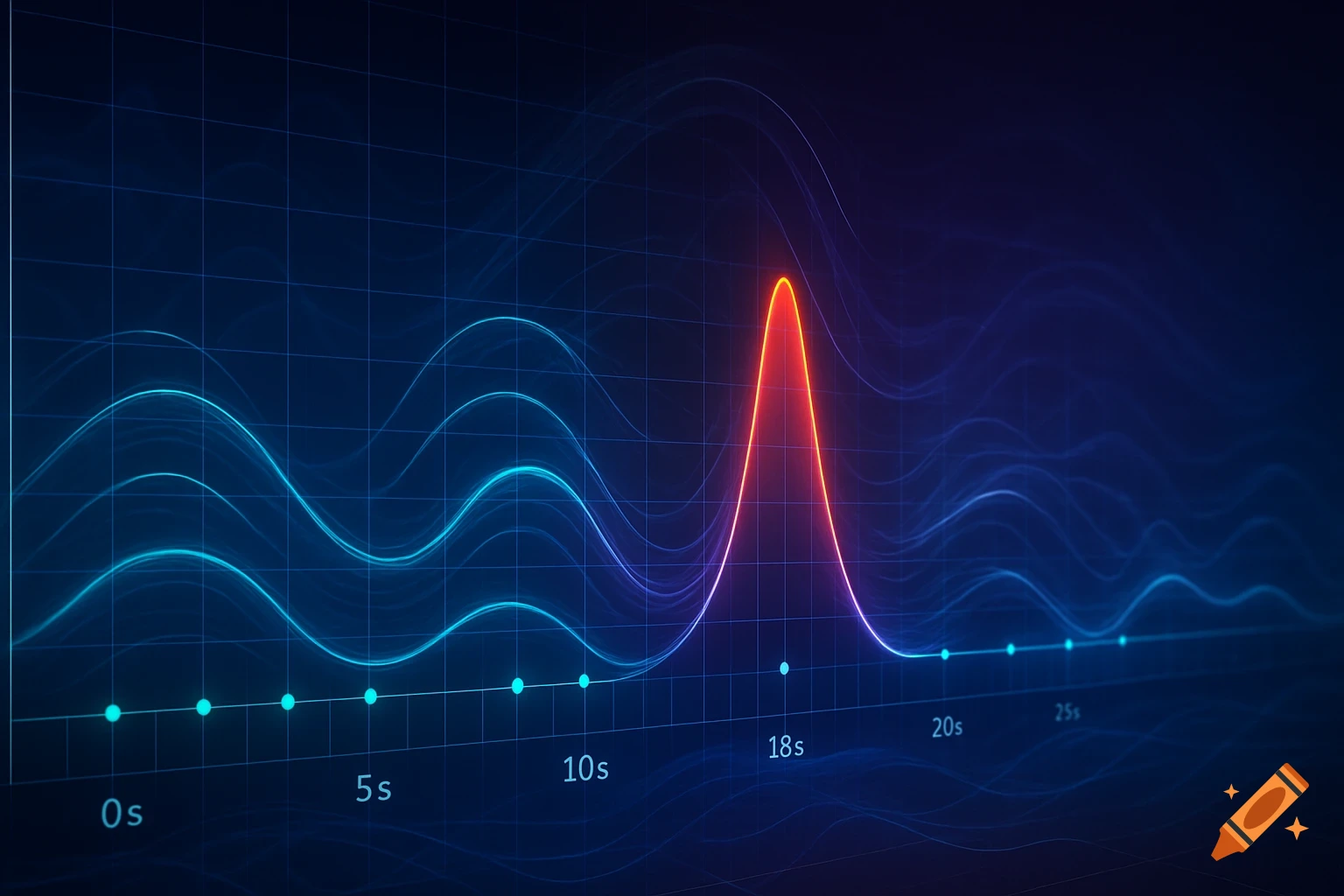Digital data graph on a dark blue grid with glowing blue and red lines, showing a prominent red peak.