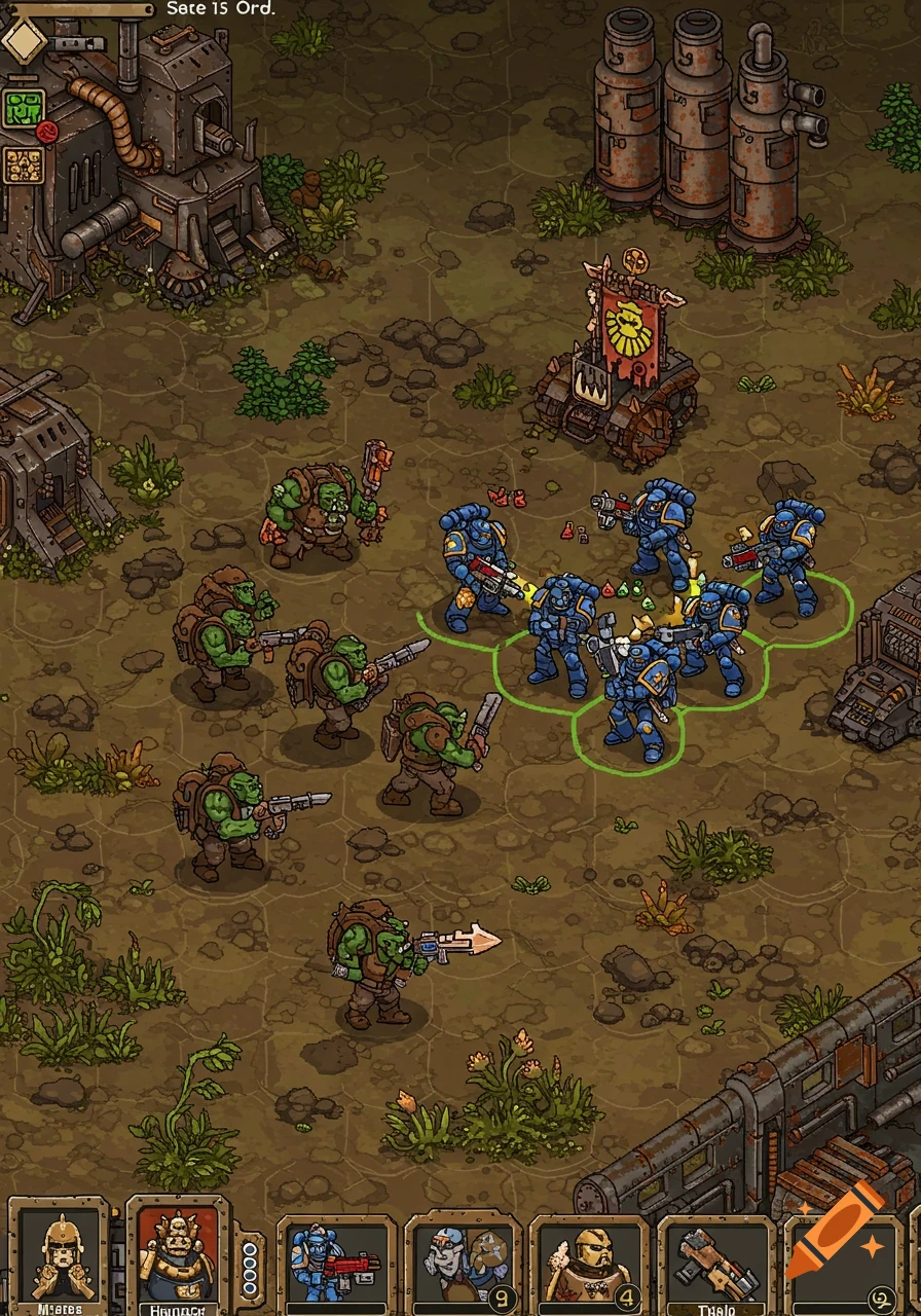 An isometric pixel art screenshot of a turn-based strategy game, featuring Warhammer 40K Space Marines battling Orks on a barren, industrial battlefield.