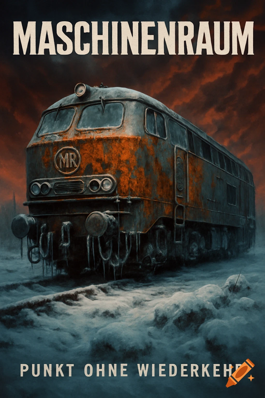 A rusted, ice-covered locomotive sits in a desolate, snowy landscape under an ominous red sky with text 'MASCHINENRAUM'.