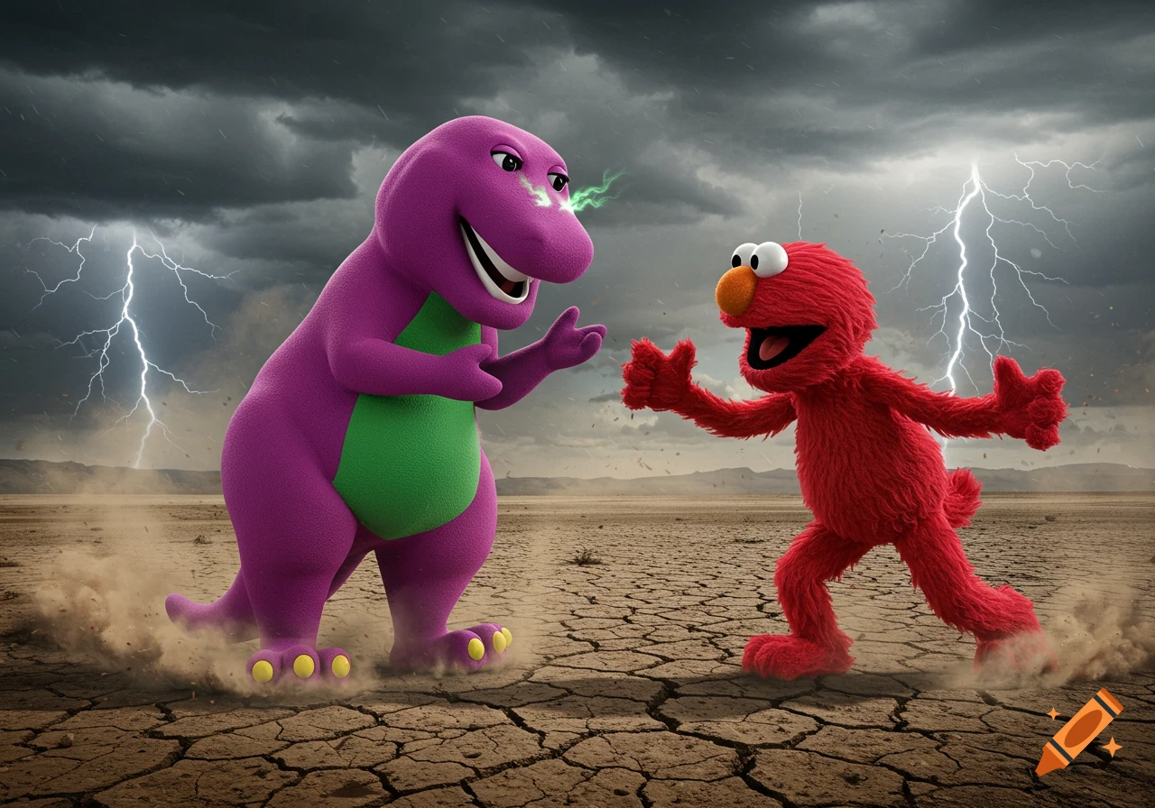 Barney the purple dinosaur with green energy from his nose confronts Elmo in a stormy desert with lightning strikes.