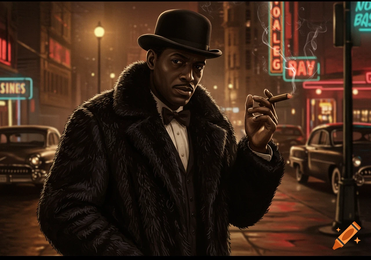 A stylish 1950s man in a fur coat and bowler hat smokes a cigar on a neon-lit city street at night.
