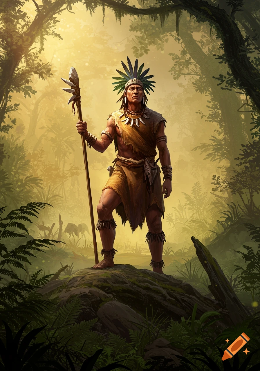 A tribal chief stands on a rock in a sunny jungle, holding a spear, wearing a feathered headdress and animal tooth necklace.