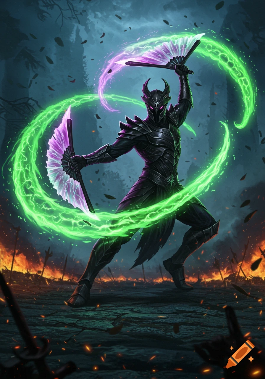 A fantasy warrior in dark armor wields two glowing green and purple fans, casting neon trails on a fiery, dark battlefield.