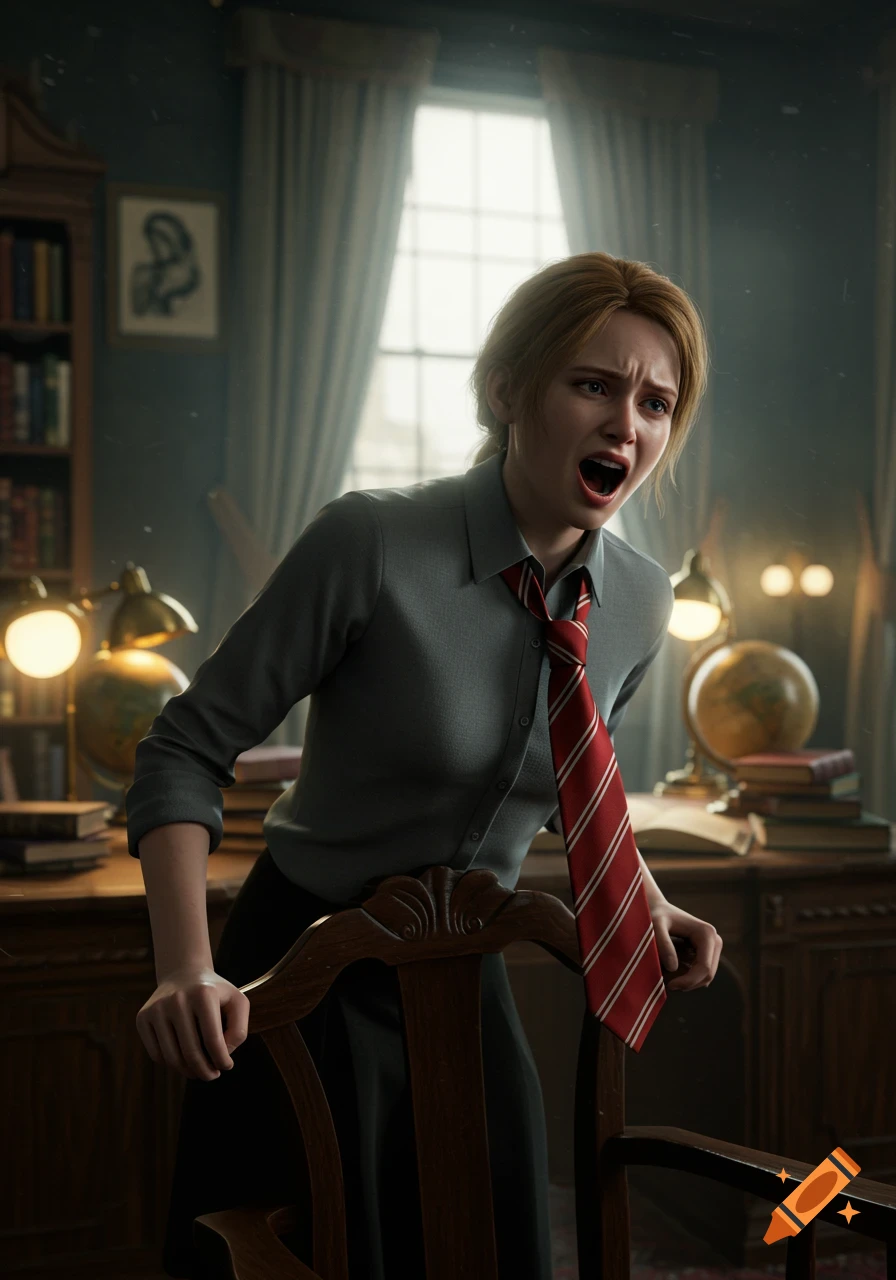 Photorealistic image of a young woman in a grey shirt and striped tie, leaning over a chair and screaming in a school study.