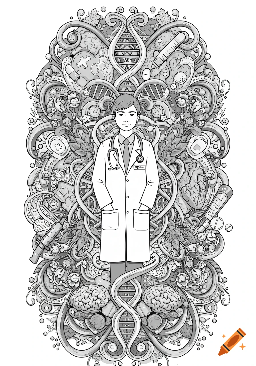 A black and white coloring page illustration of a doctor with a stethoscope, surrounded by intricate medical and biological elements.