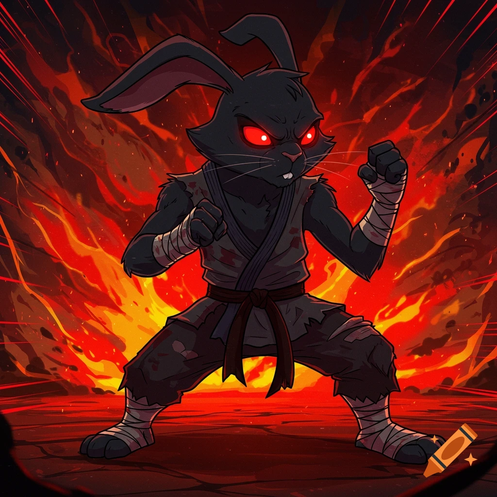 Cartoon black rabbit fighter with glowing red eyes and tattered uniform in a fighting stance against a fiery backdrop.