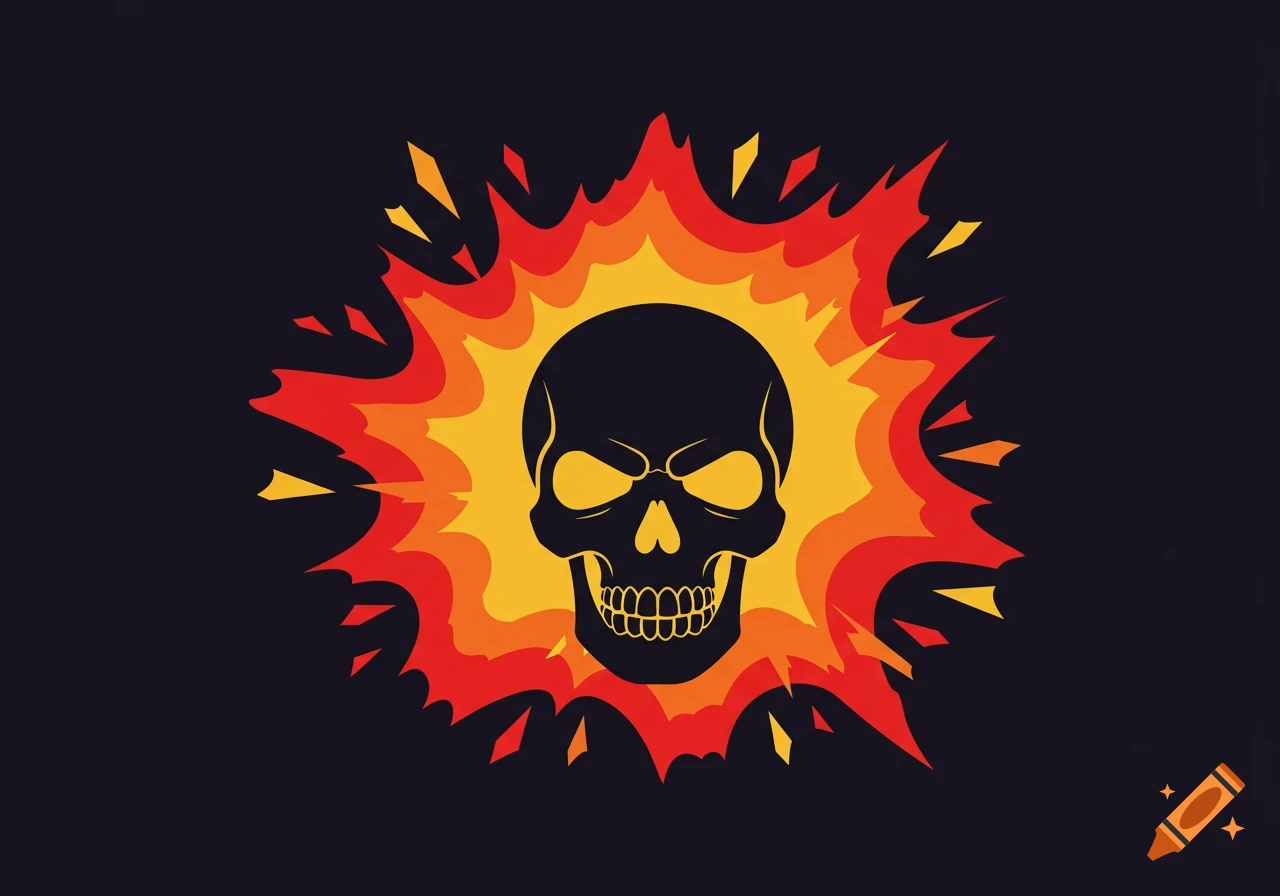 A cartoon black skull with yellow eyes surrounded by an orange and red fiery explosion on a dark background.