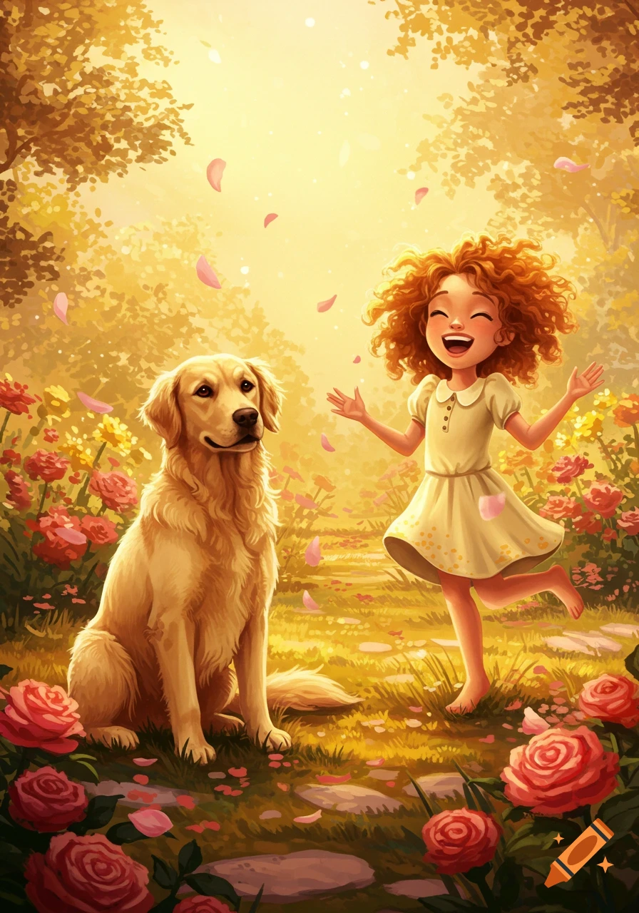 A joyful red-haired girl and a golden retriever dog in a sunny garden with pink roses and falling petals, in an illustrated style.