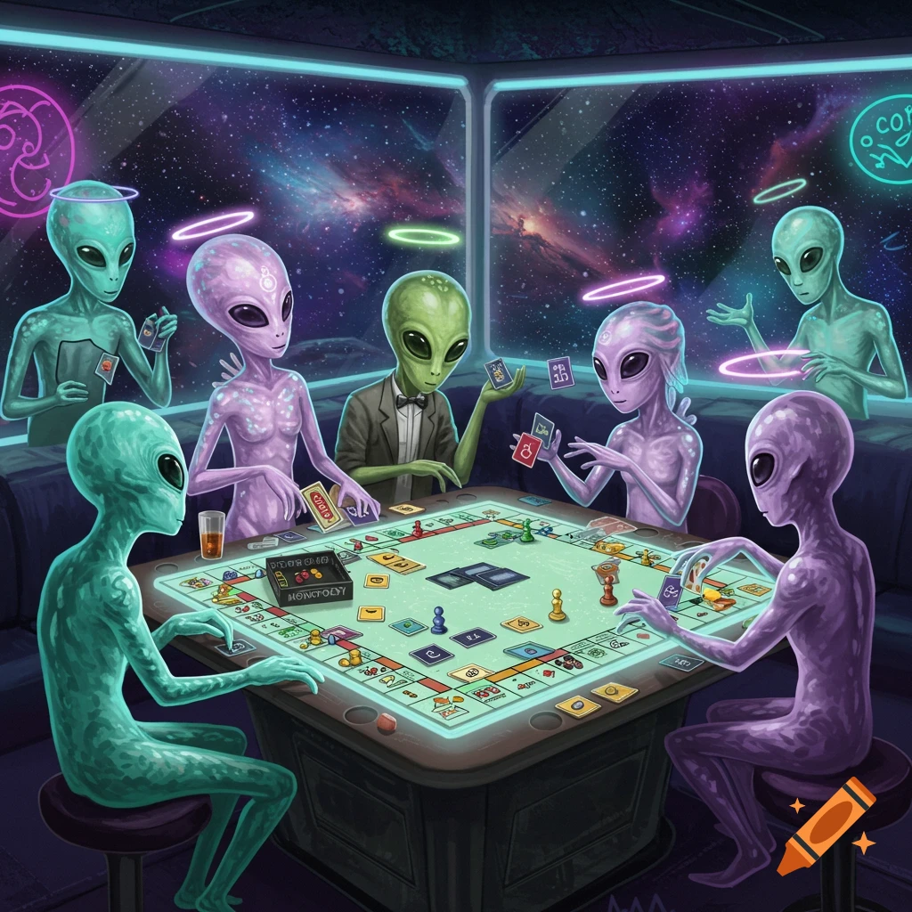 Colorful aliens with halos play a board game resembling Monopoly in a futuristic room with a view of space.