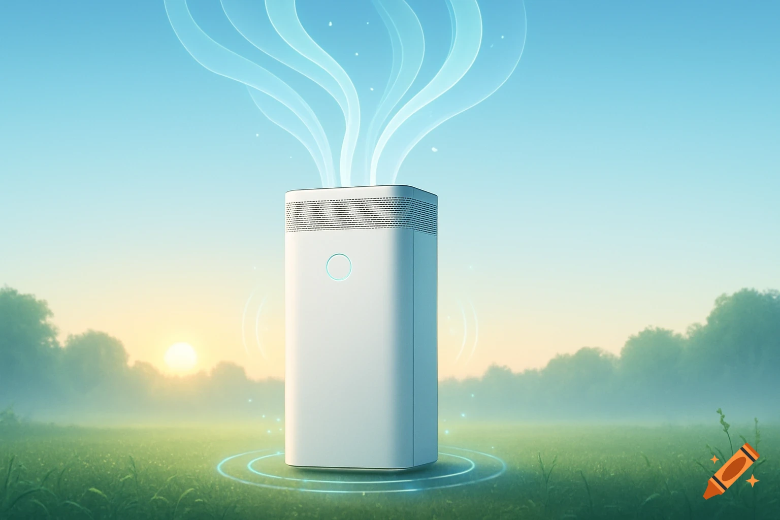 A white air purifier emits blue, wavy light into a misty green field with a sunrise in the background.