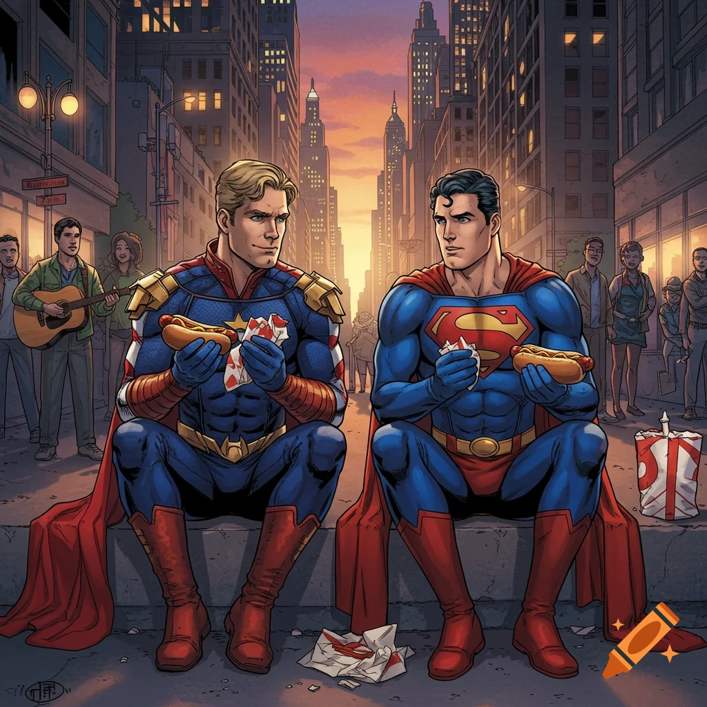 Homelander and Superman, dressed in their superhero suits, sit on a city curb eating hot dogs. A street musician plays guitar in the background.