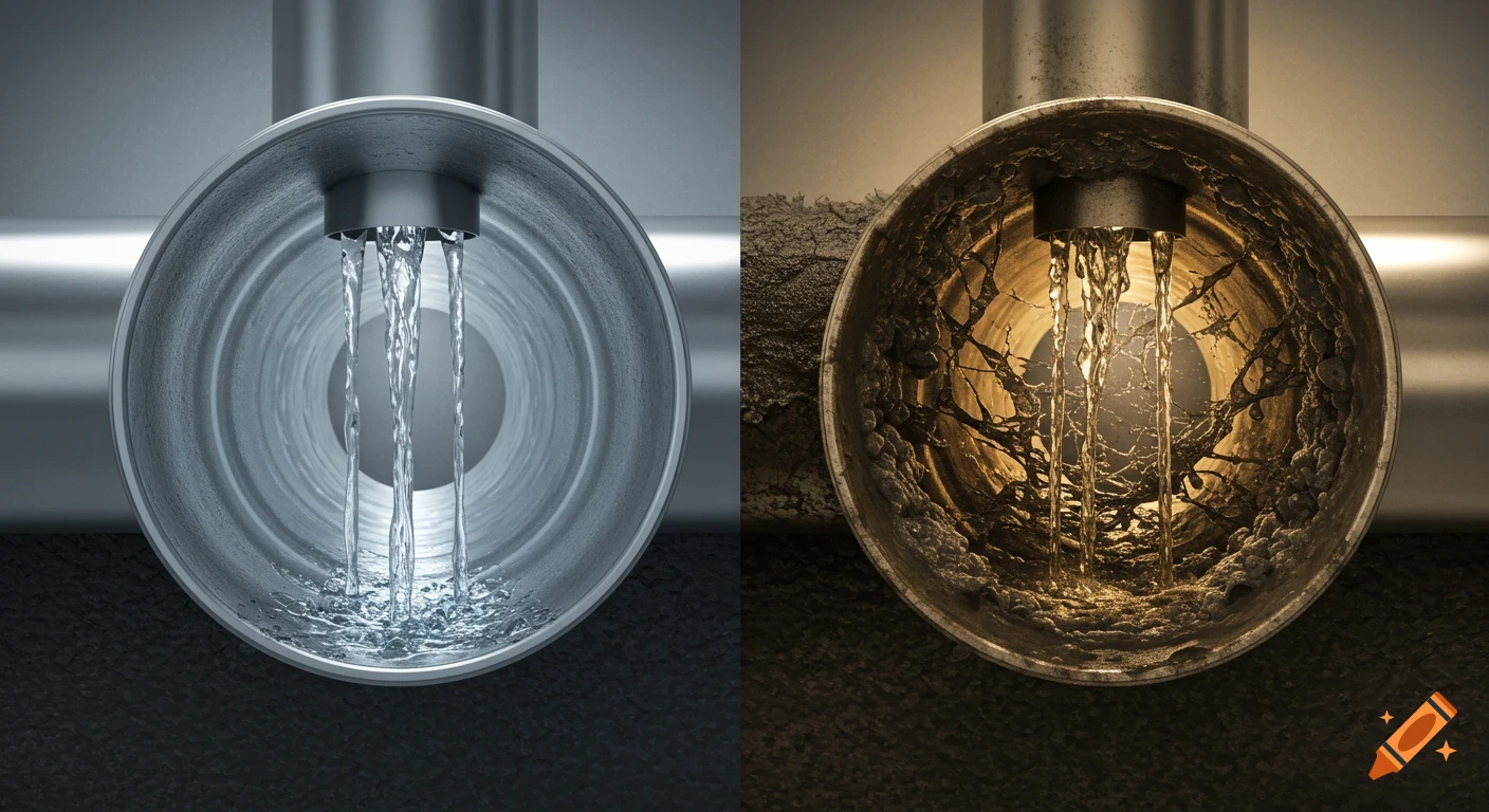 Photorealistic split-screen: left shows clean water in a smooth pipe, right shows murky water and sludge buildup in a blocked pipe.