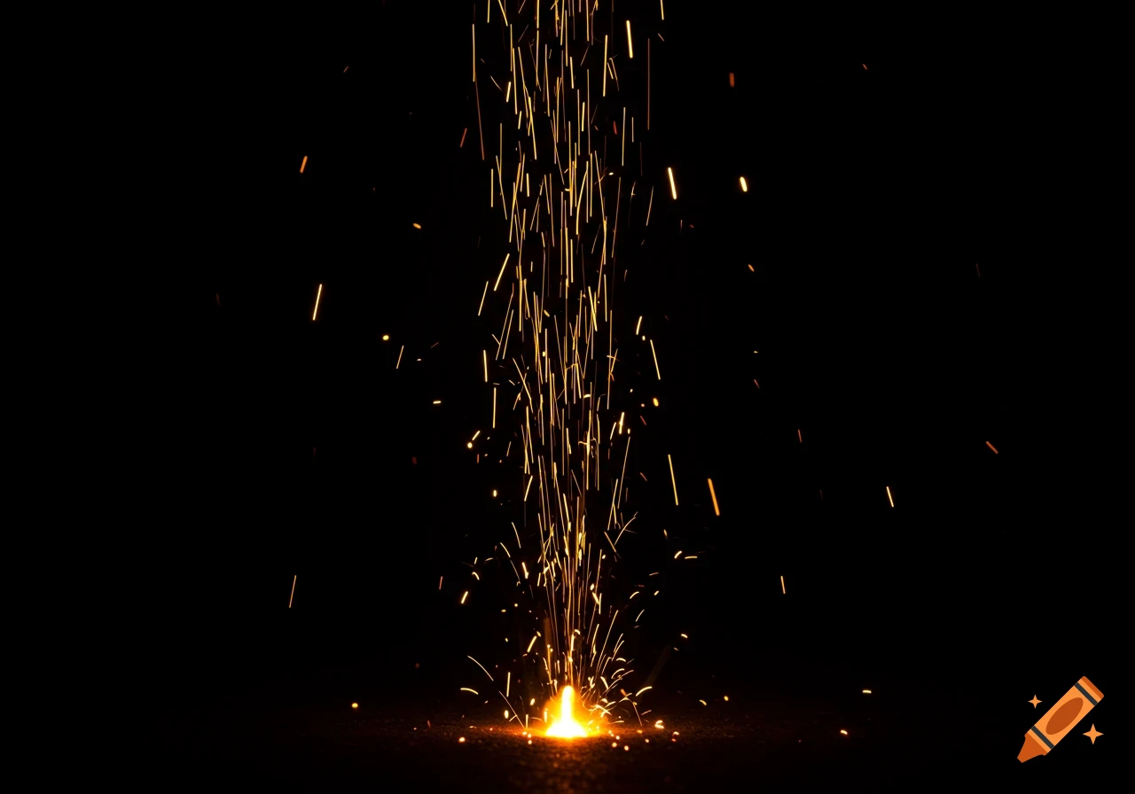 Bright golden sparks shooting upwards from a single point on a dark, black background.