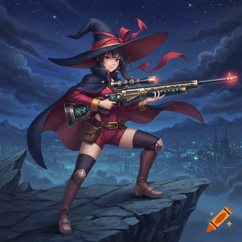 Anime girl in witch hat and cloak holding a sniper rifle on a cliff overlooking a glowing city at night.