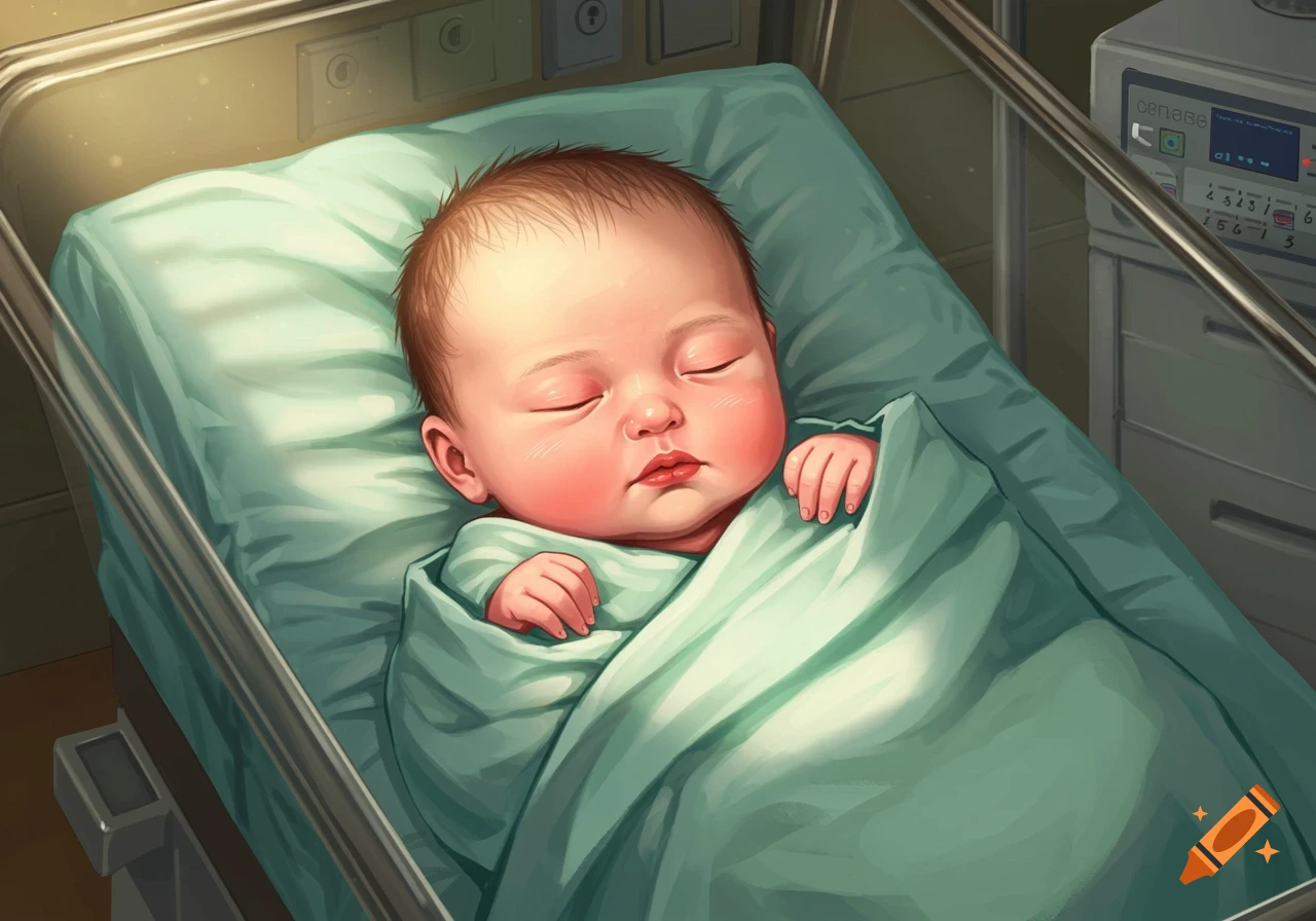 An anime-style drawing of a newborn baby sleeping peacefully in a hospital crib, wrapped in a mint green blanket.