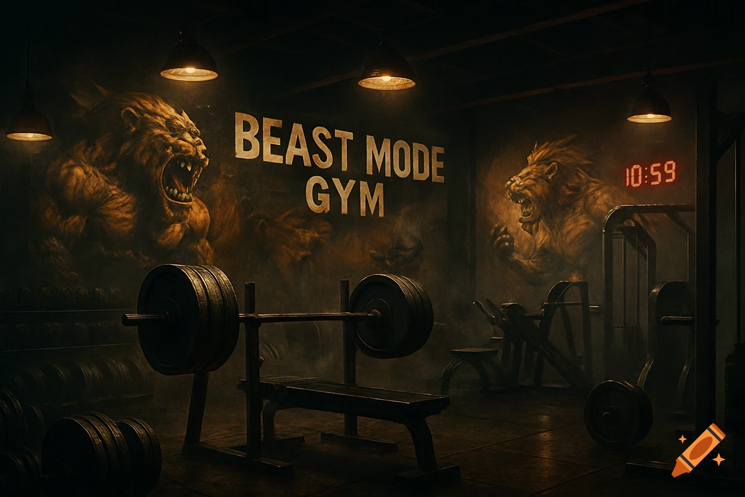 Dark, moody gym with a weight bench and barbell, featuring murals of roaring beast figures and 'BEAST MODE GYM' on the wall.