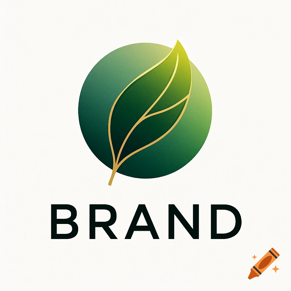 Minimalist logo featuring a stylized green leaf with gold veins, set against a green gradient circle, above the word "BRAND" in black capital letters.
