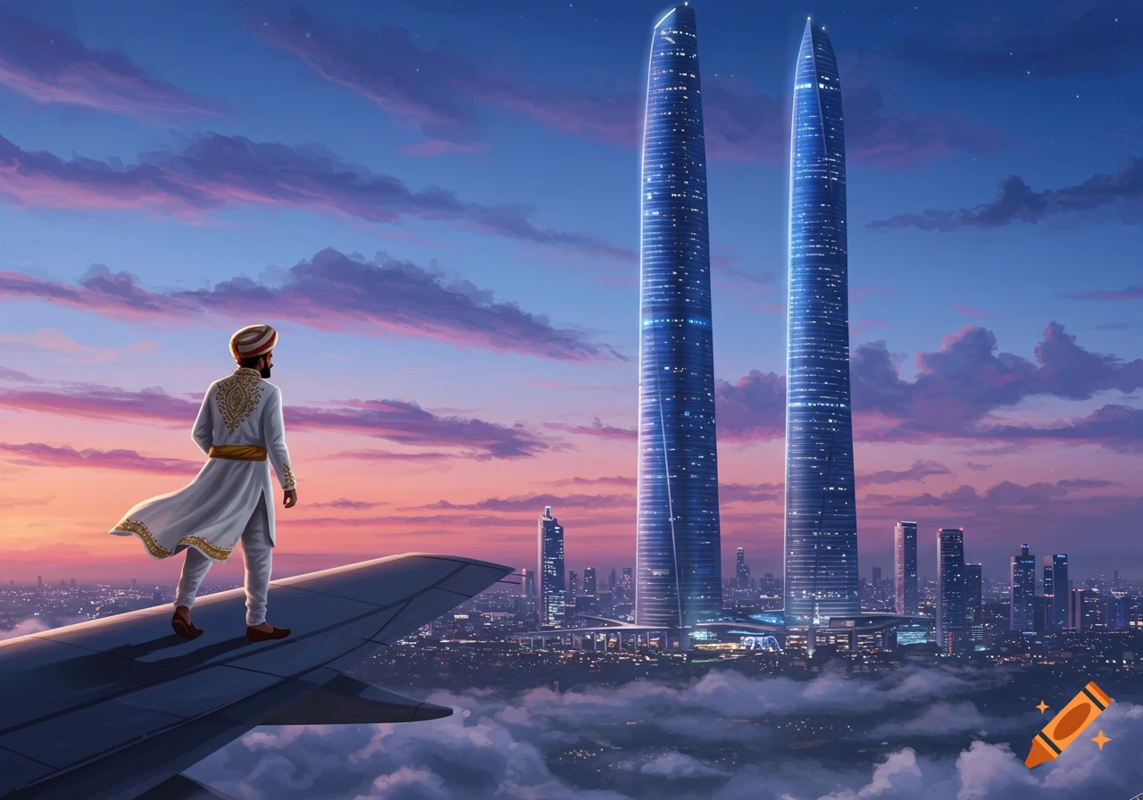 A man in traditional Indian attire stands on a plane wing overlooking a futuristic city with tall skyscrapers at sunset, digital art.