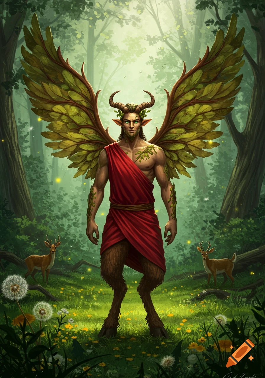 A majestic male satyr with leaf wings and horns, clad in a red toga, stands in a mystical forest with deer, digital art.