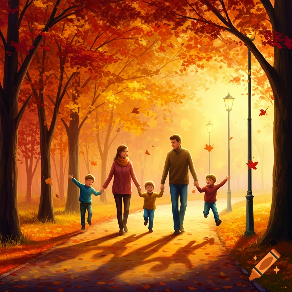 A family with two parents and three children walks hand-in-hand down a path in an autumn park with bright orange and red leaves, in a painterly style.