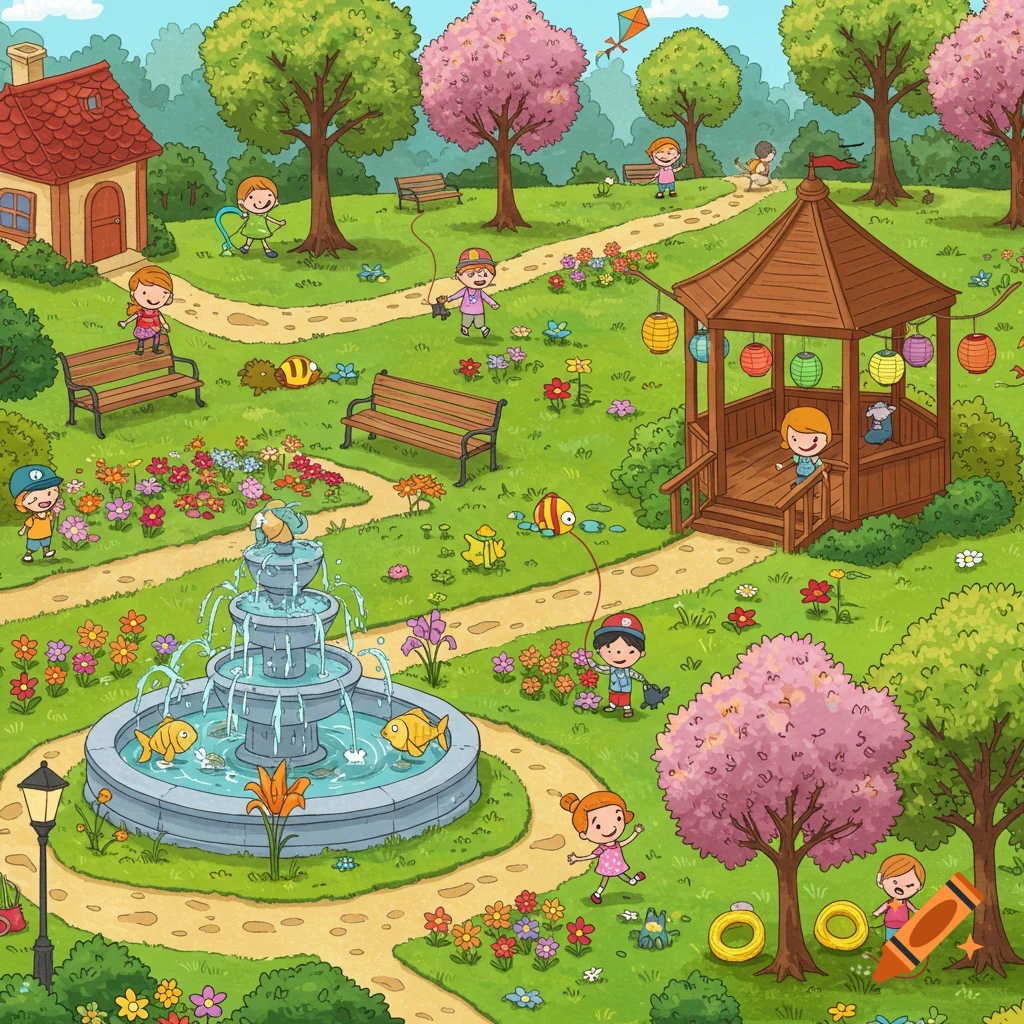 A vibrant cartoon illustration of a lively park scene with children playing near a large tiered fountain, benches, a gazebo, and trees.