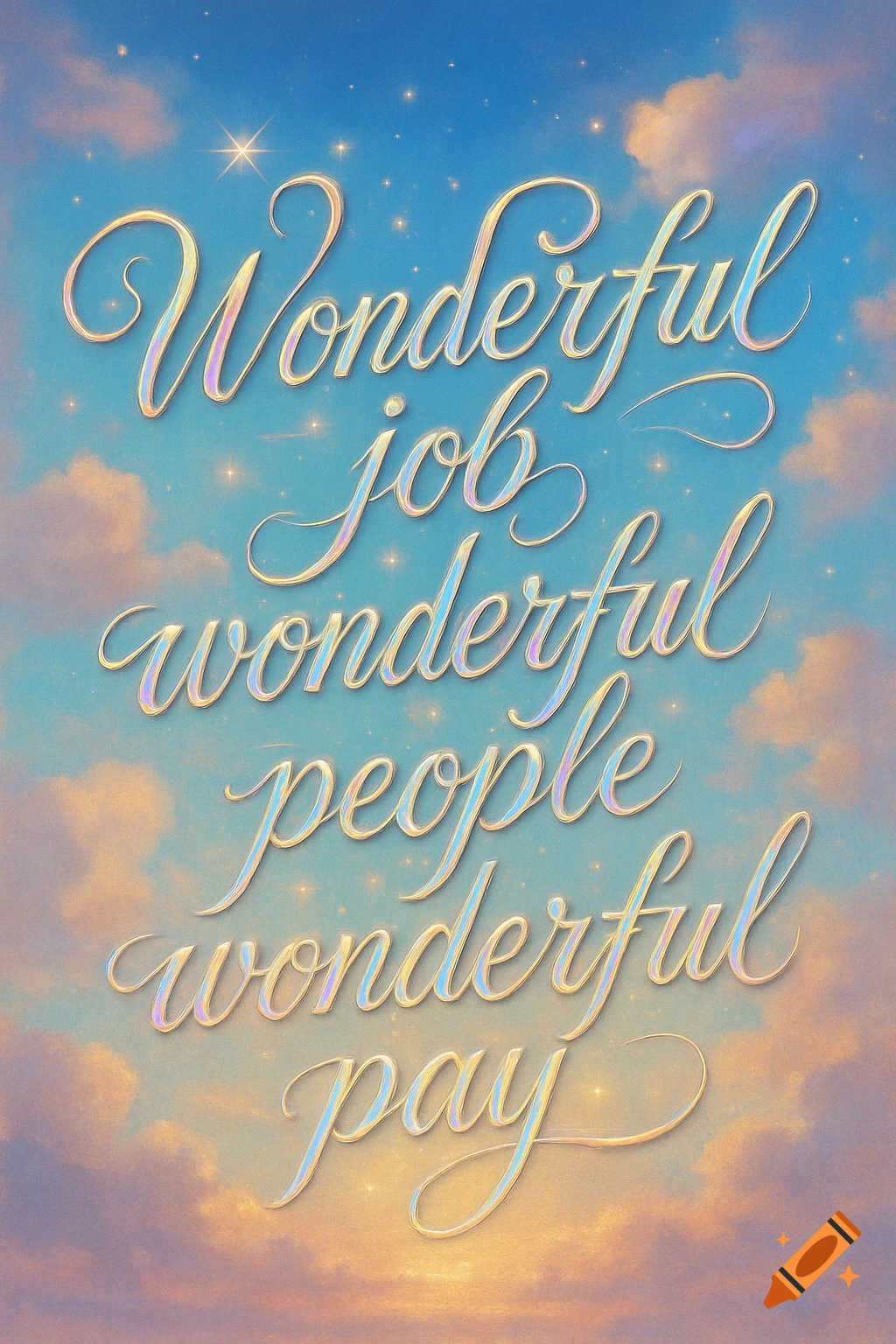 Calligraphic text 'Wonderful job wonderful people wonderful pay' against a dreamy sky with clouds and stars.