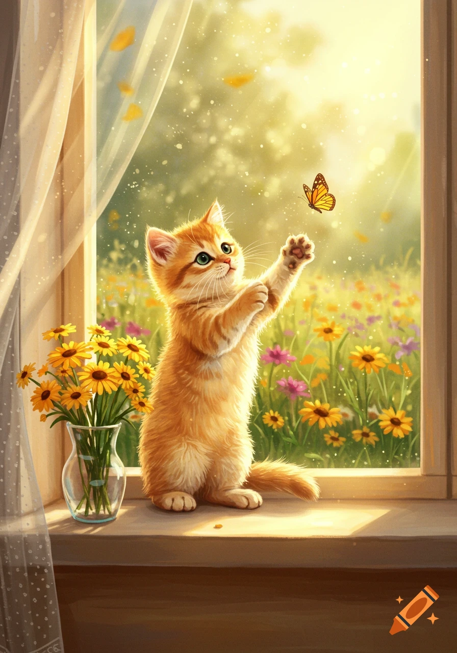 An adorable orange kitten stands on a sunlit window sill, playfully reaching for a butterfly, with yellow flowers and a garden outside. Digital art.