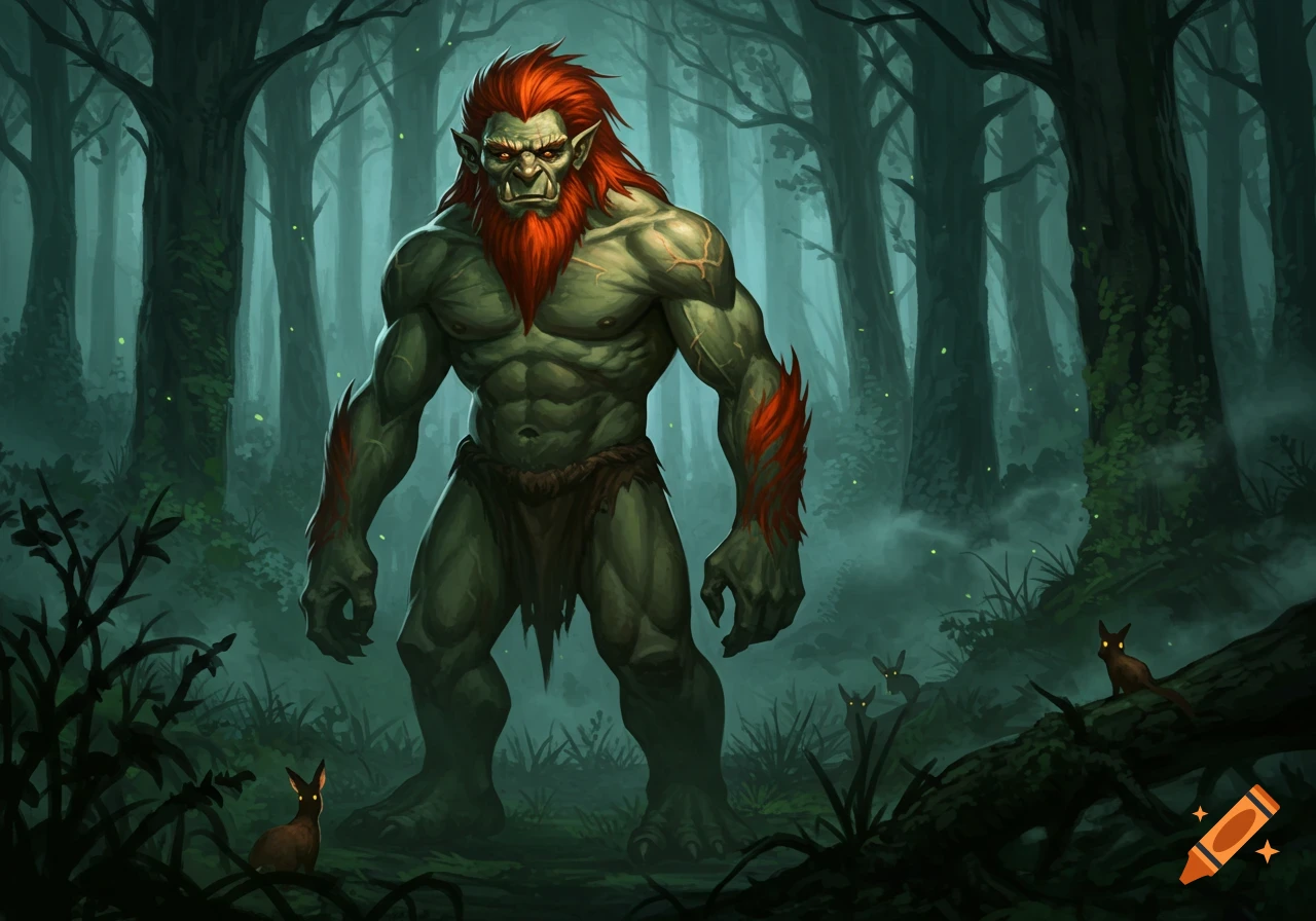 A green-skinned D&D-style troll with red hair and beard stands in a misty, dark forest with small glowing-eyed animals.