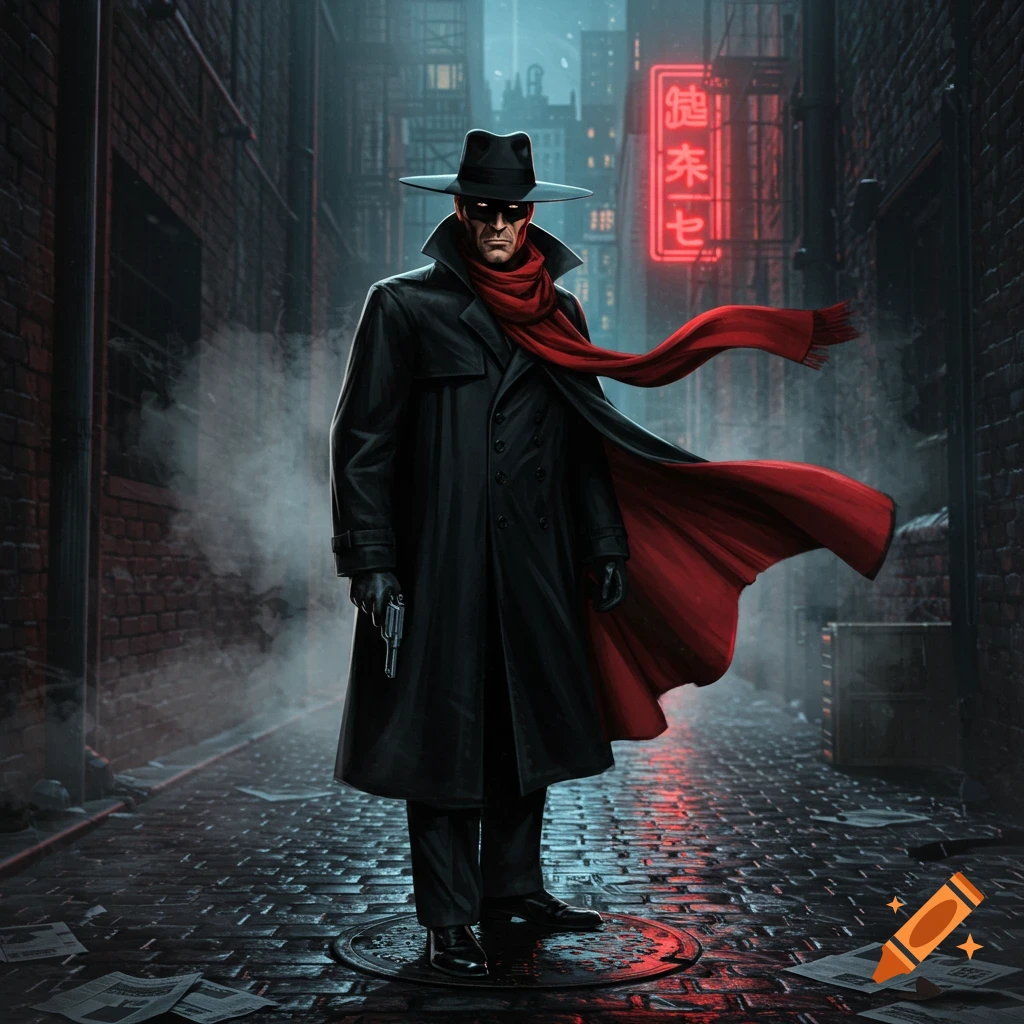 The Shadow in a black trench coat, fedora, and red scarf, holding a pistol in a dark, wet city alley at night, comic art style.