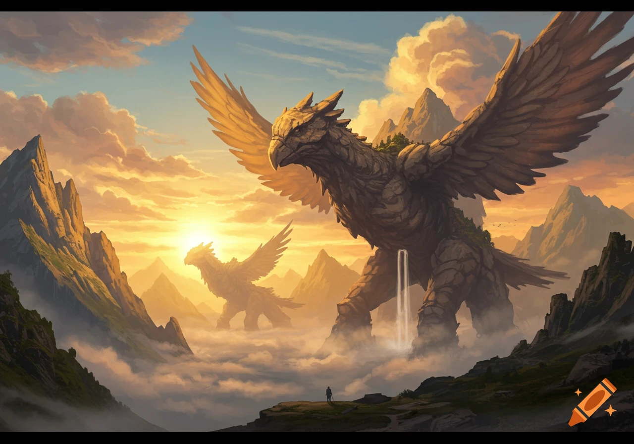 Two colossal rock-like bird creatures, one with a waterfall, in a misty mountain valley at sunset. A tiny person observes.