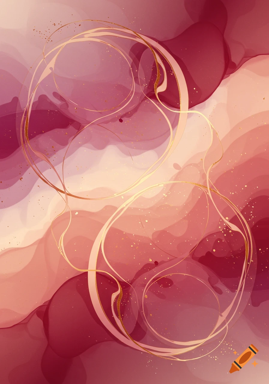 Abstract background with swirling organic shapes in shades of pink, red, and cream, accented with thin gold lines and gold specks.