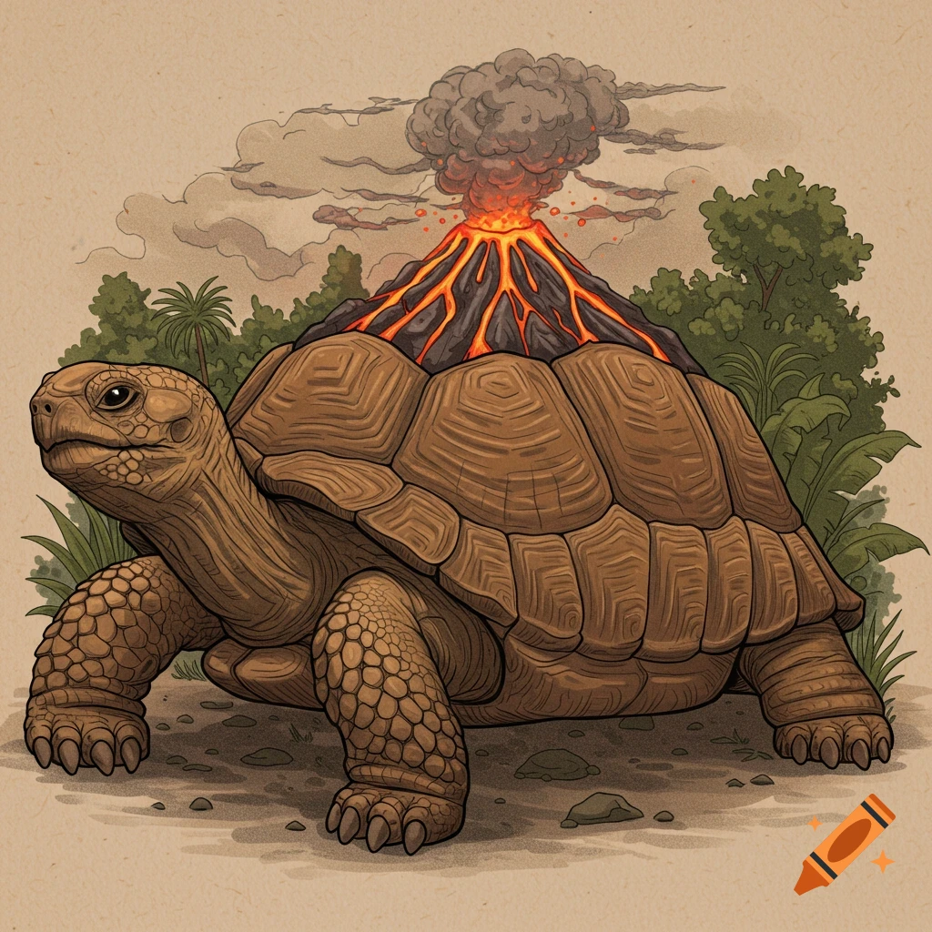 An illustration of a large brown tortoise with an erupting volcano for a shell, standing in a jungle setting.