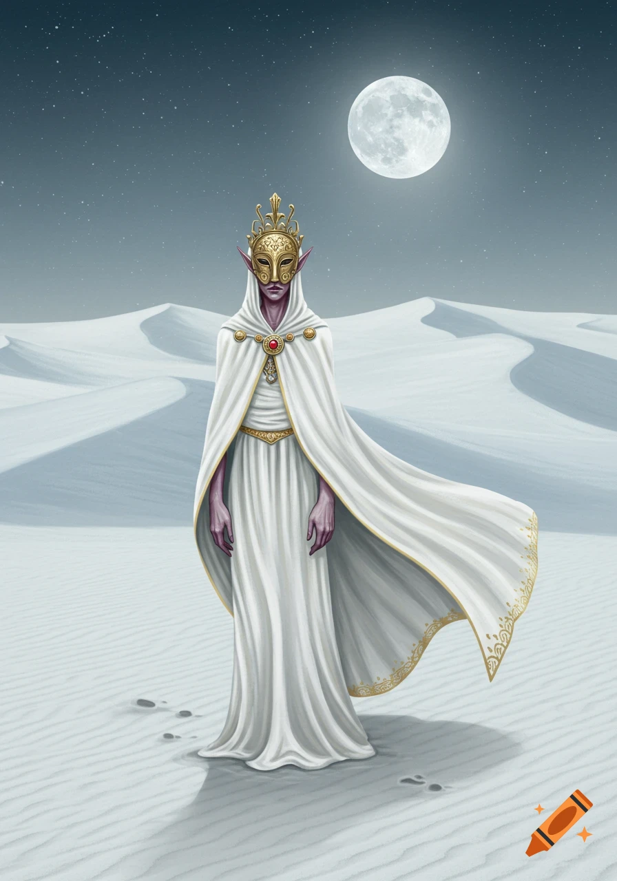 A masked elf in a white cloak stands in a moonlit desert with dunes. Painterly fantasy style.