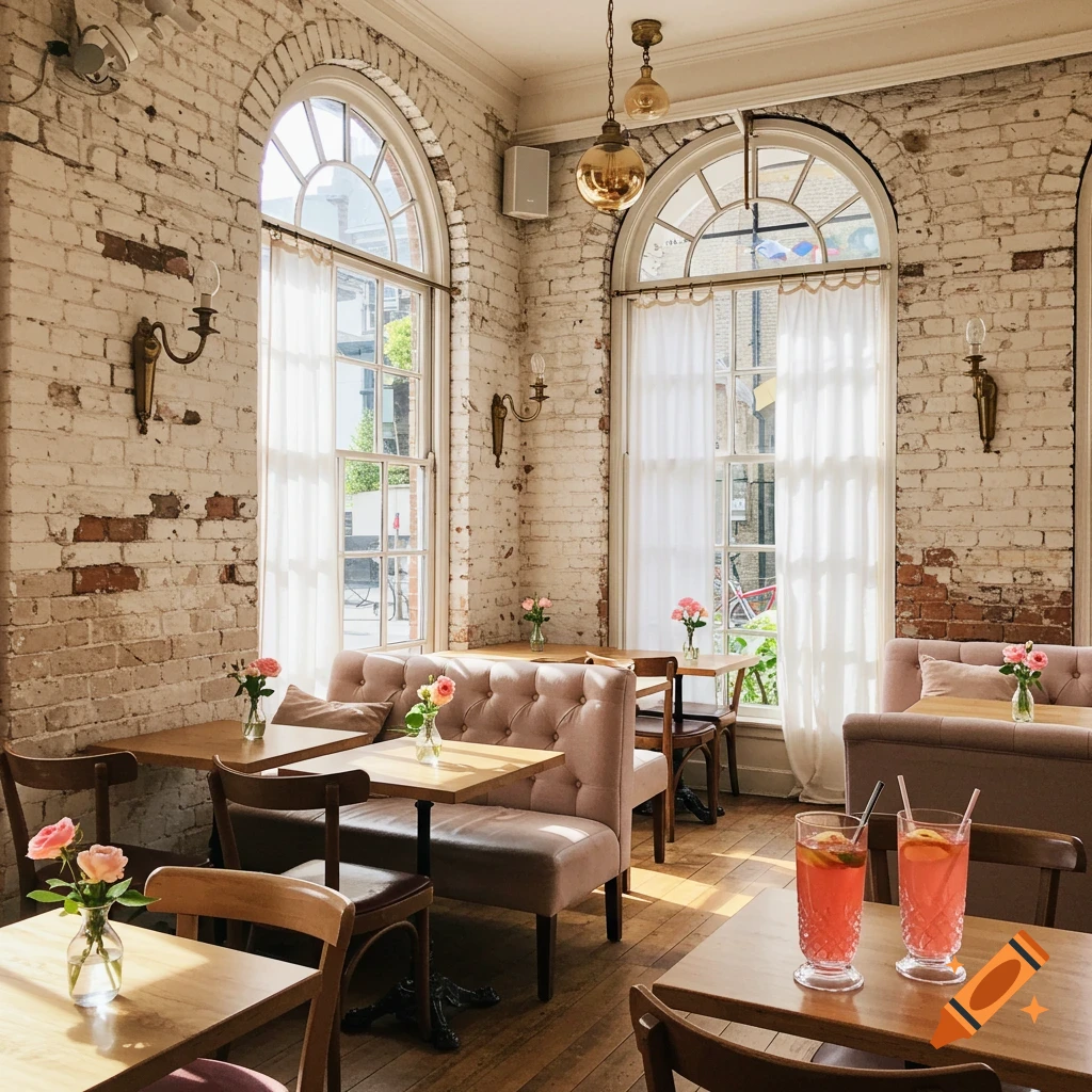 A cozy cafe interior with distressed white brick walls, arched windows, pink booths, wooden tables, and two pink lemonades.